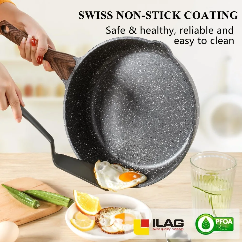 

Nonstick Deep Frying Skillet, 10/11/12-inch Saute with Lid, Stay-cool Handle,Chef Healthy Stone Cookware Cooking Pan