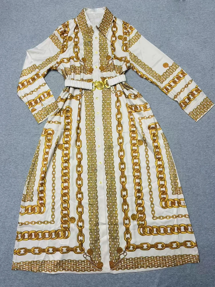 2026 spring women's clothing retro geometric positioning print lapel strap waist long dress fashion loose plus size shirt dress