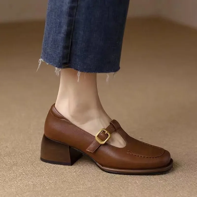 British High-heeled Small Leather Shoes for Women, Thick Toe, Retro Brown Light Mouth Buckle Single Shoe Women view 2