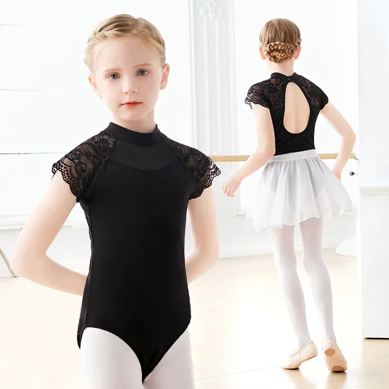 Girls Ballet Leotards Stand Collar Hollow Back Gymnastics Leotard Cotton Lace Ballet Bodysuit Kids Dance Leotards for Girls