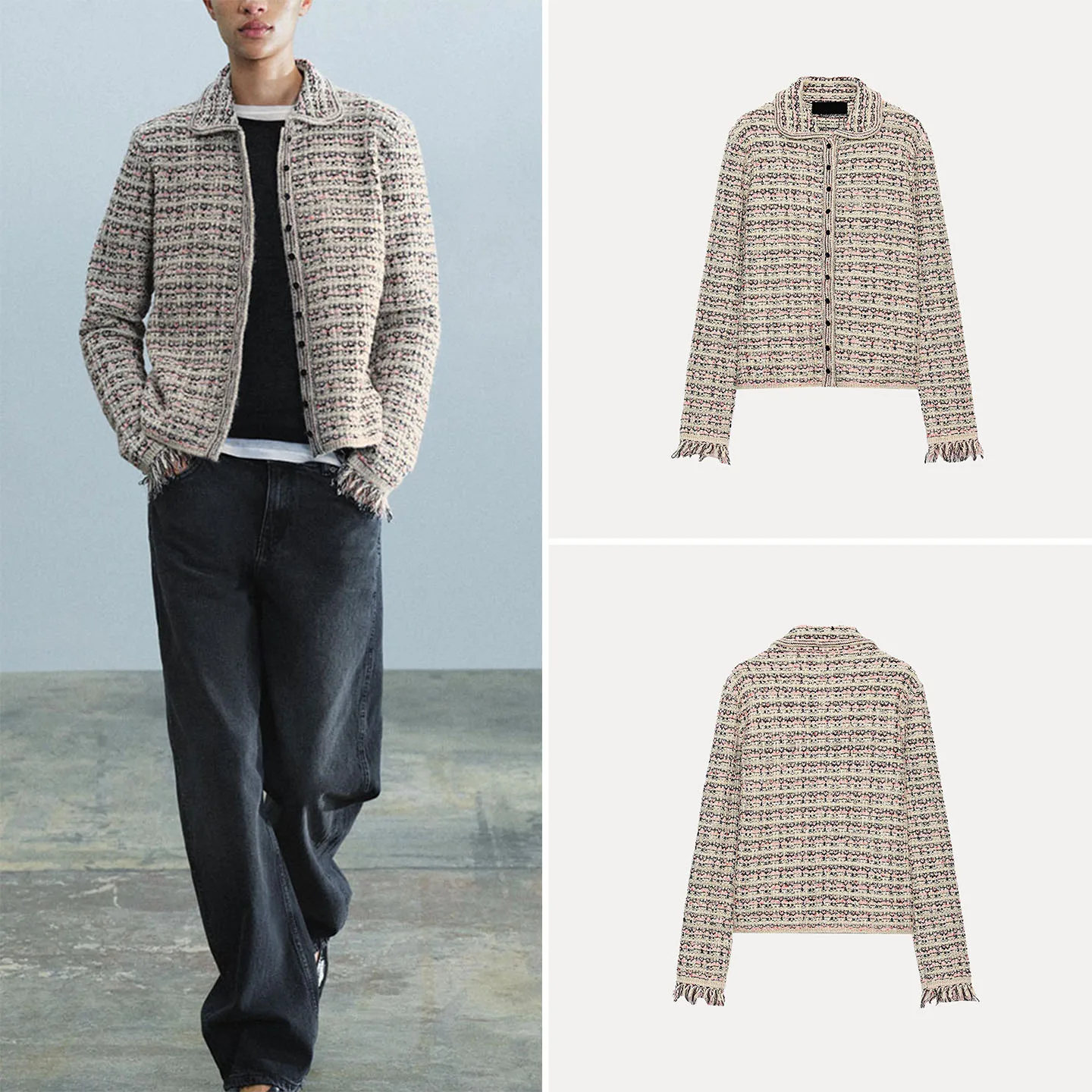 Women's Casual Style Long Sleeve Knitted Coat with Frayed  Doll Collar Loose Fit Outerwear for Autumn Season