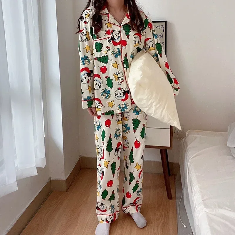 Disney Christmas Mickey Pajamas 2 Piece Set Women Long Sleeve Top Shirts Loose Trousers Y2k Home Clothes Cartoon Trend Sleepwear