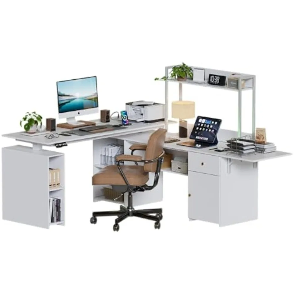 63'' L Shaped Electric Standing Desk, Height Adjustable Stand up Desk, USB Charge Ports, LED Display, Home Office Modern