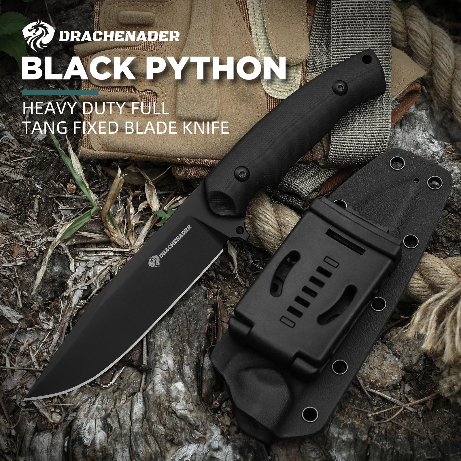 Survival Knife Fixed Blade hunting Knife with Kydex Sheath tactical Black, D2 Steel Blade Full-Tang Non-slip G10 Handle