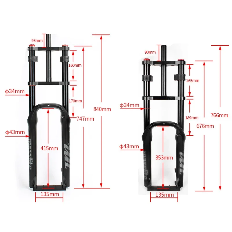 20 26*4.0 Snow Bicycle Fat Tire Bike Air Suspension Fork 135mm QR Dual Crown for Fatbike/Beach Bicycle Magnesium Quick Release