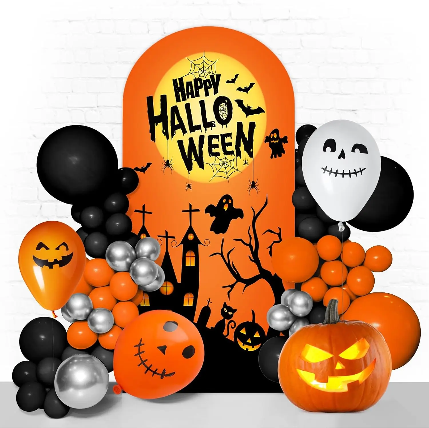 Decorações de Fundo para Festa de Halloween: Banner, Lanternas de Abóbora, Morcegos, Fantasmas, Castelo, Lua Noturna e Capa de Fundo para Arco de Halloween