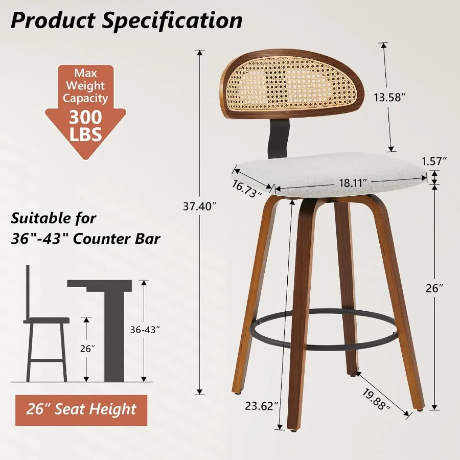 Swivel Counter Height Bar Stools 26 Upholstered Seat with Rattan Back and Bentwood Frame in Grey Mid Century Modern Design for