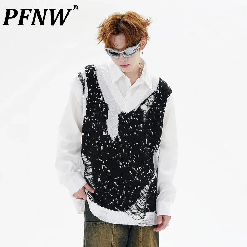 

PFNW 2024 Autumn Winter Fashion V-neck Sweater Vest Men's Contrast Color Jacquard Design Hollow Out Knitted Male Tops 28W5262