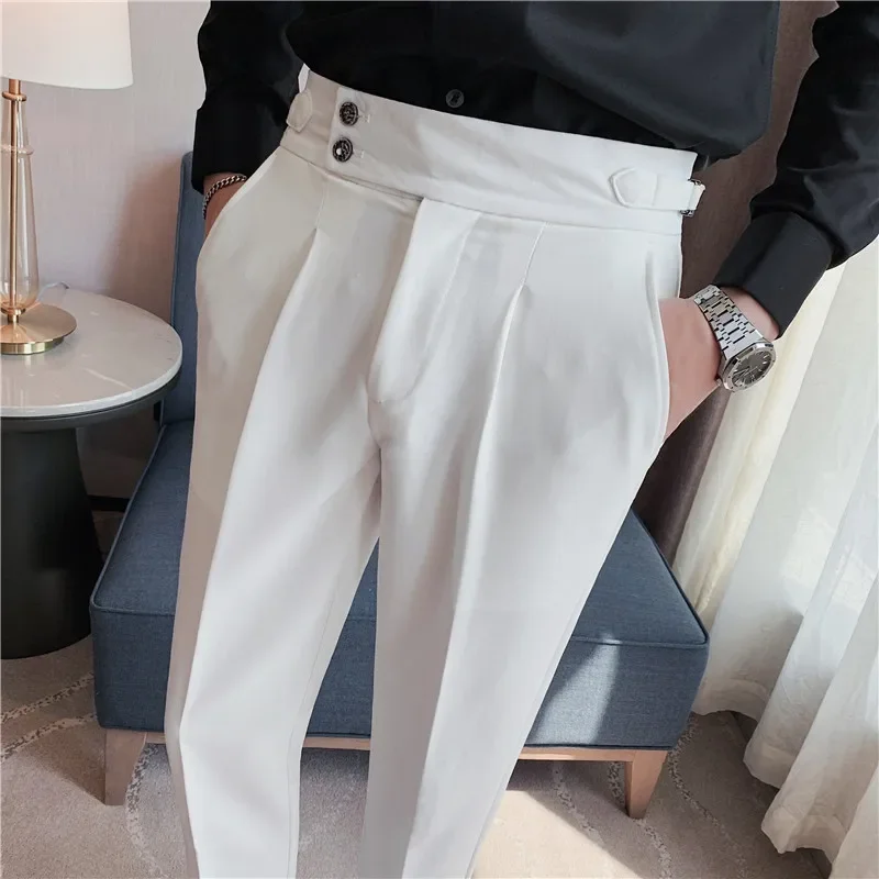 Men High Waist Trousers 2023 Autumn British Style Solid Color Casual Dress Pants Slim Fit Formal Suit Pants Fashion Men Clothing