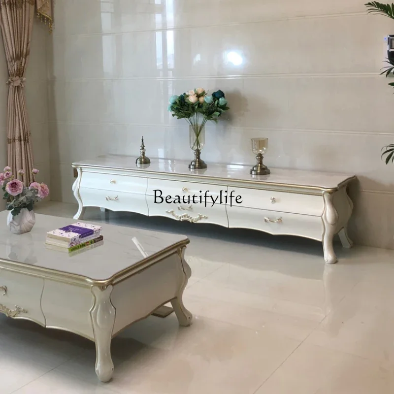 European marble TV cabinet simple neoclassical modern rock slab solid wood white floor cabinet