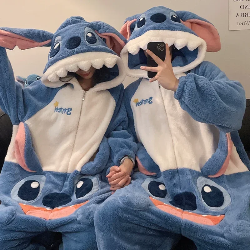 Cartoon Disney couple one-piece pajamas winter coral fleece thermal hooded pullover men\'s loungewear new Stitch women\'s pajamas