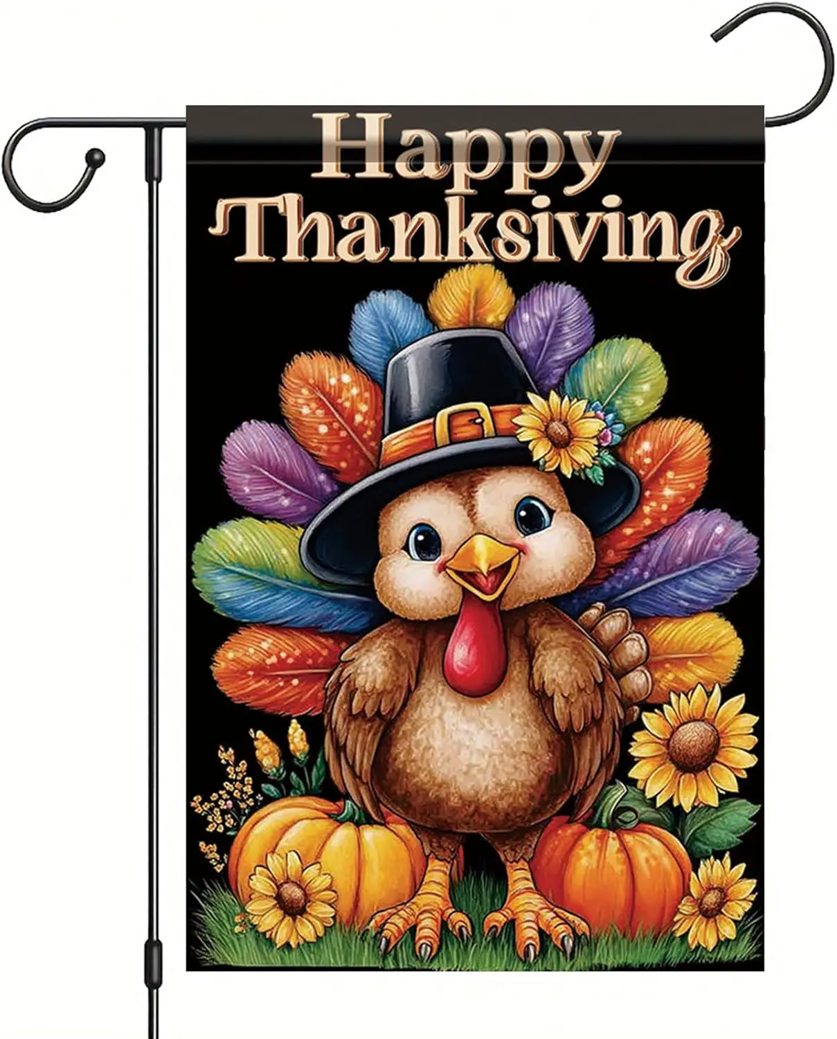 Thanksgiving Garden Flag 12x18 Inch Turkey with Pilgrim Hat and Colorful Feathers Happy Thanksgiving Outdoor Yard Porch Lawn PPZ
