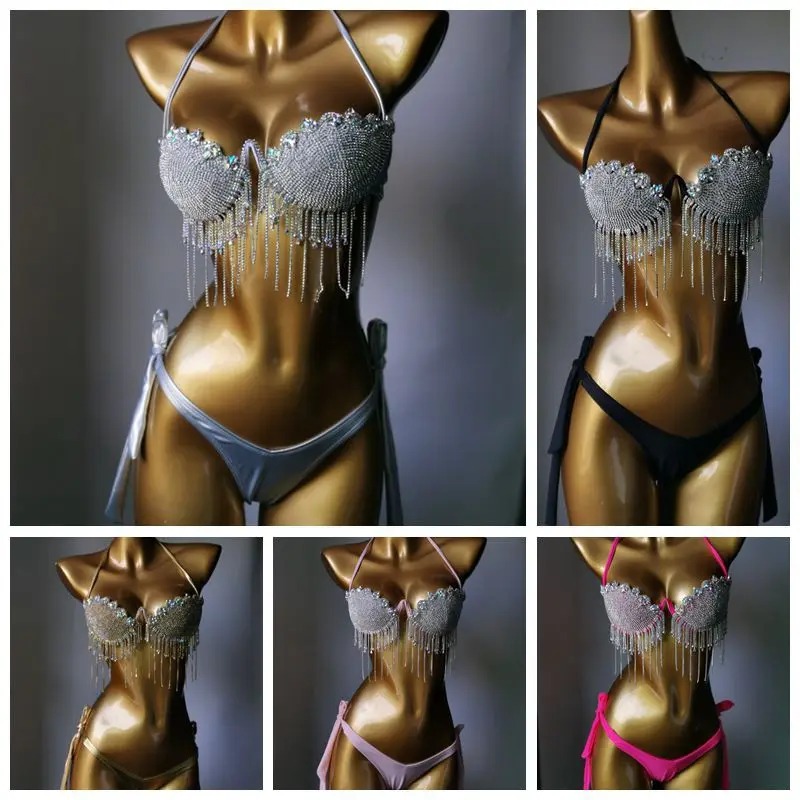 Luxury Rhinestone Bra Set Women Sexy Bling Diamante Carnival Elastic Push Up Padded Spaghetti Strap Brassiere Crystal Briefs