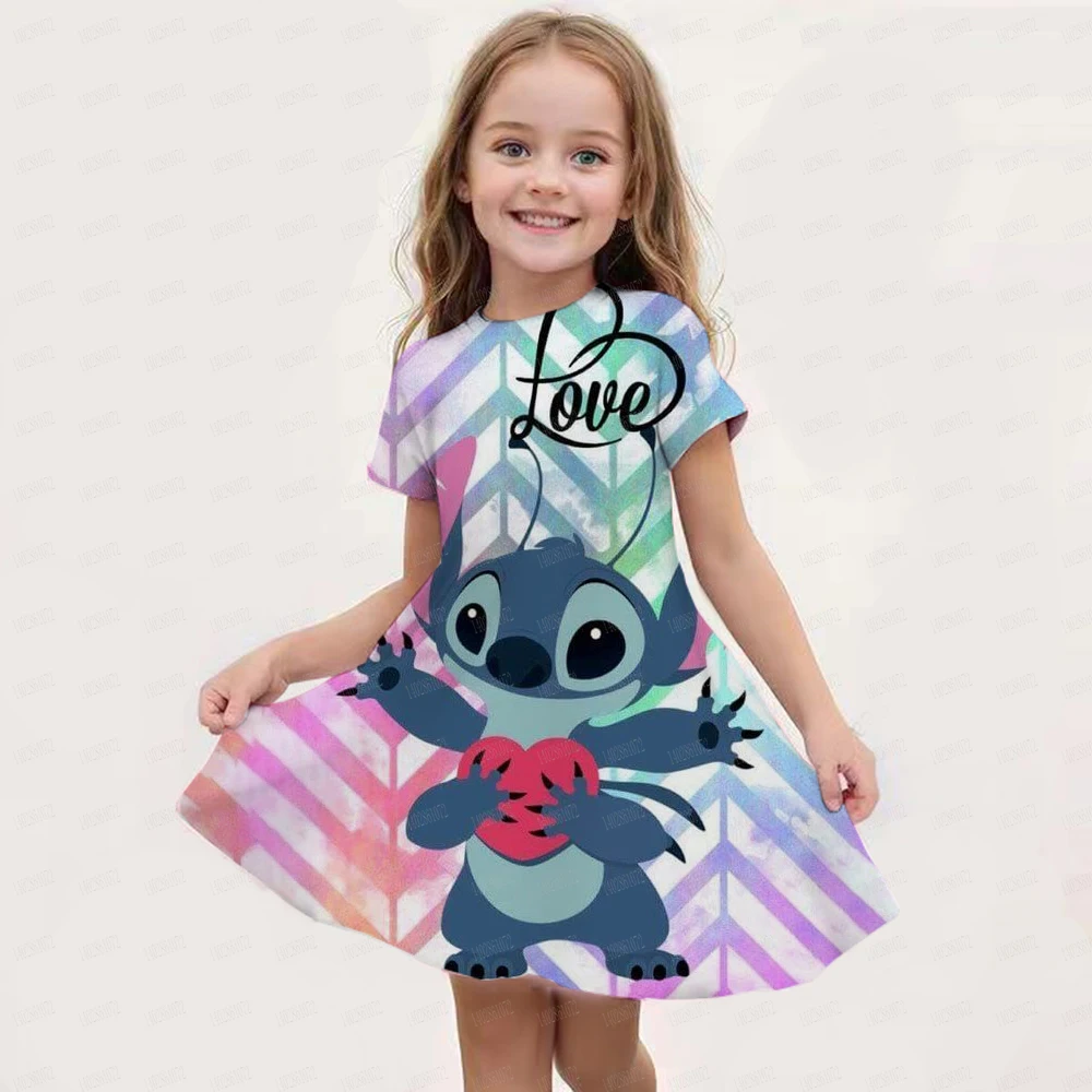 MINISO Summer Girls Dress Fashion Cartoon Lovely Stitch 3d Print Women Dresses Girls Short Sleeve Princess Dress Girls Clothing