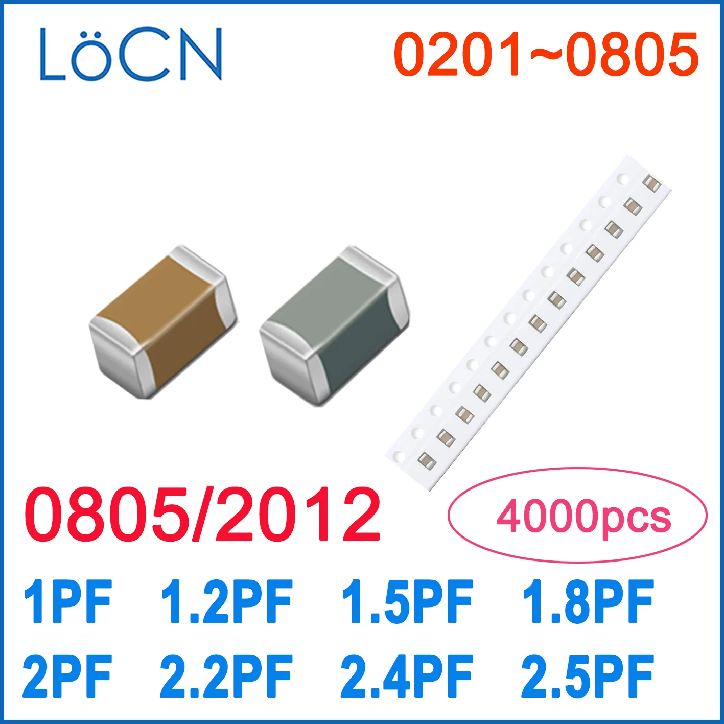 

4000PCS 0805 2012 COG/NPO 1PF 1.2PF 1.5PF 1.8PF 2PF 2.2PF 2.4PF 2.5PF RoHS 50V 0.25% 0.5% Capacitor High quality