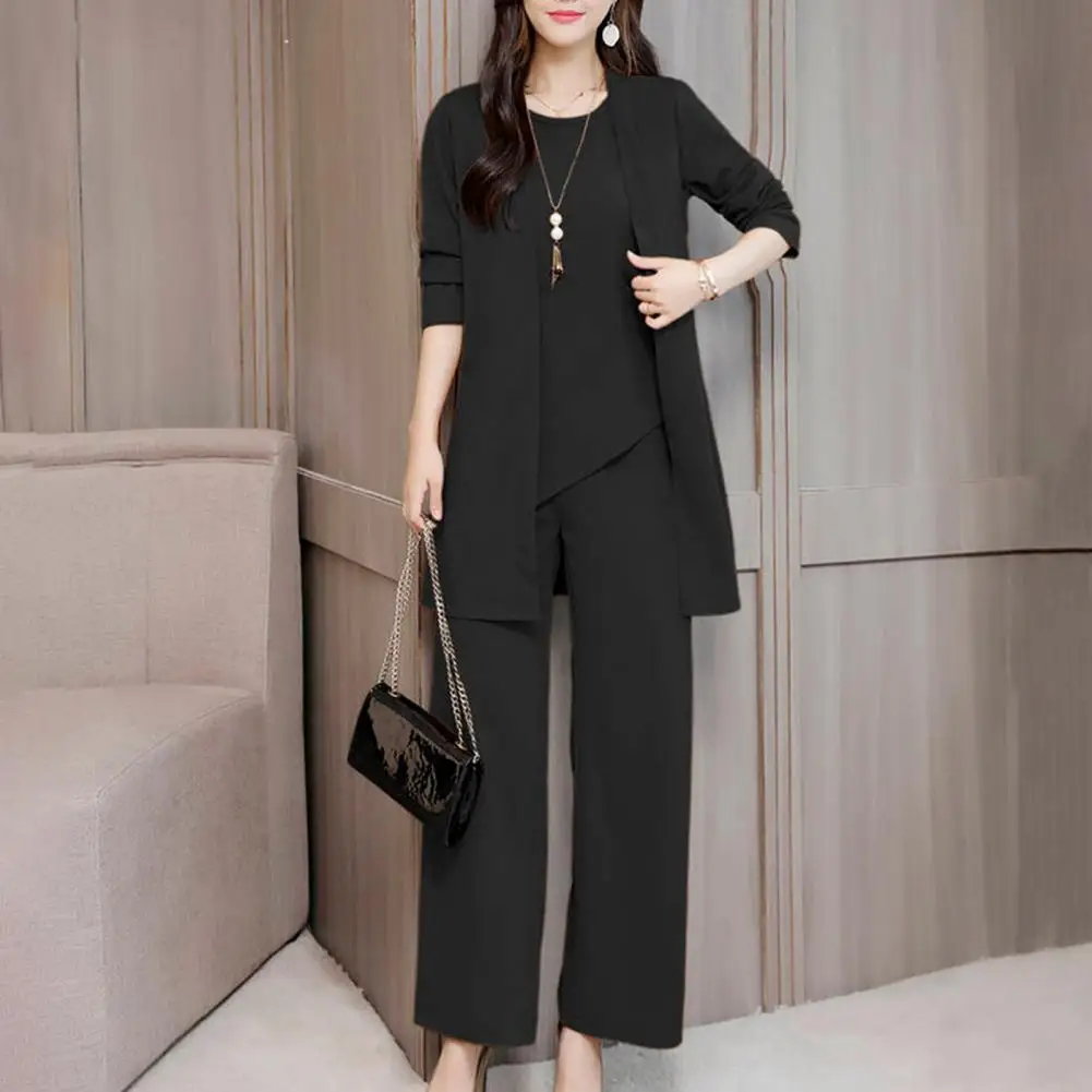 Elegant Lady Three Piece Set Age Reducing Plus Size Set For Women Vest Top Wide Leg Pants Mid-length Coat Solid Matching Set