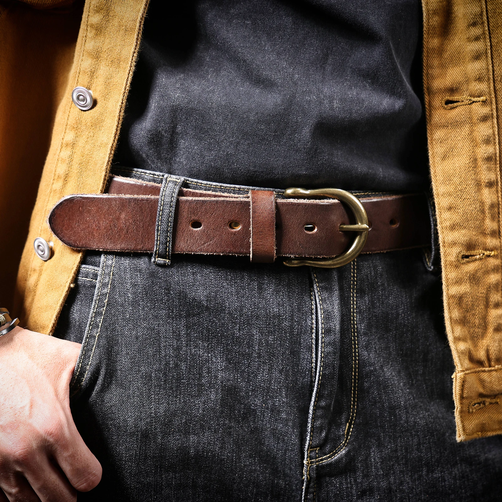 Vintage Echtleder-Herrengürtel mit Kupferschnalle, Handgefertigter Casual-Gürtel mit Geschenkbox, Verstärktes Oberleder aus Italien – Detail 8