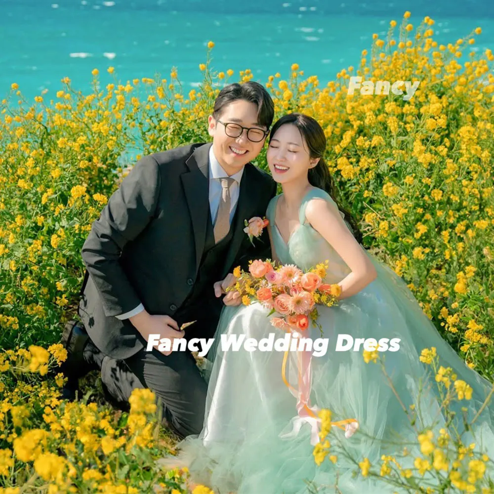 Fancy Korea Princess Light Green Wedding Dress Photo Shoot A Line Soft Tulle Bridal Gown Back Corset Customized