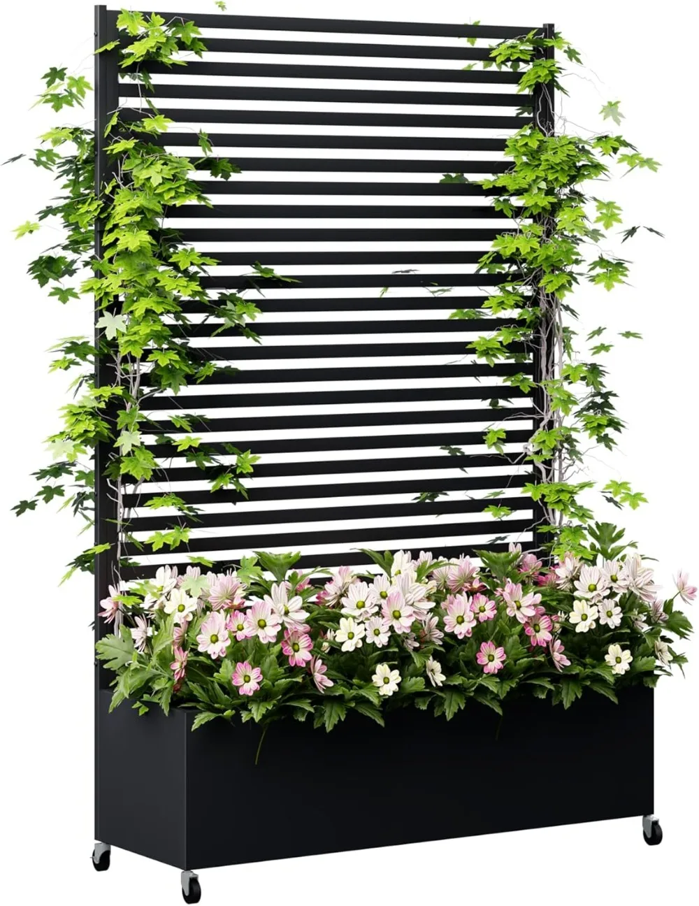 

Metal Planter Box with Trellis Privacy Screen, Raised Garden Bed with Trellis & Wheels, Privacy , , 73"x 47"x 16", Black