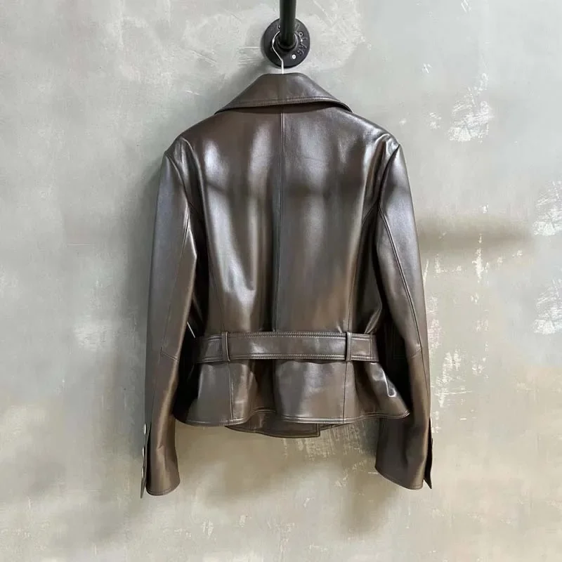 High-End Luxury Leather Jacket Women Coat Spring And Autumn 2024 Turn-Down Collar Clothes With Belt Double Breasted