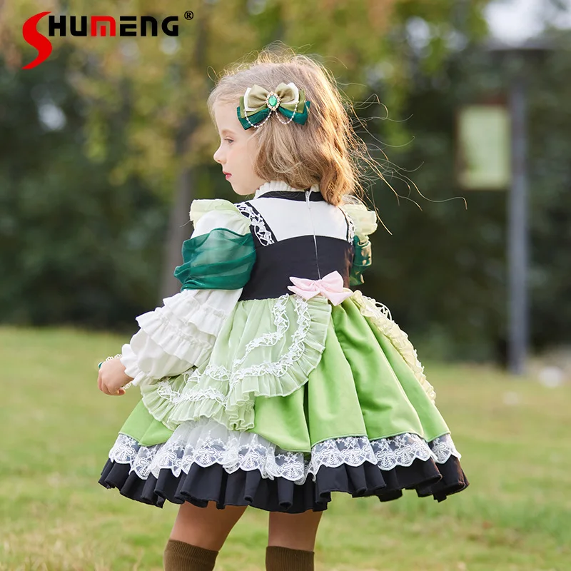 

Элегантное бархатное платье для девочек в стиле Лолита с вышивкой, длинными рукавами и бантом, праздничное платье для детей на день рождения