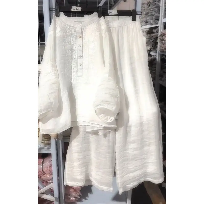 

Fashionable Two-Piece Women's European Style Spring New Simple Match Pure Color Round Neck Top High Waist Wide Leg Pants Trendy