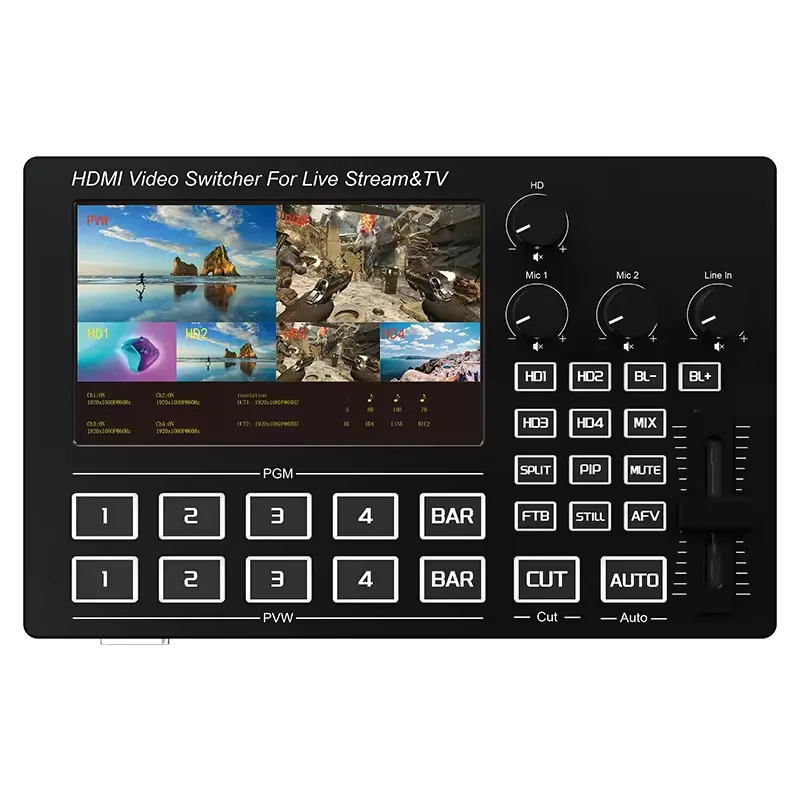 4-Channel HDMI Video Switcher with 5-Inch Monitor, 4-Way Multi-View Live Stream Mixer for Broadcast Streaming