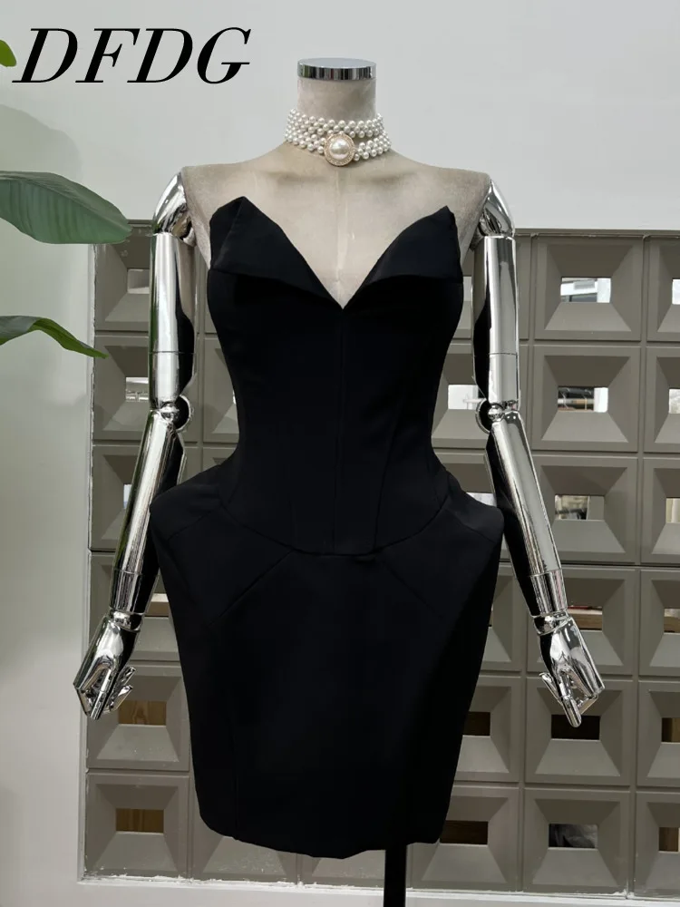 

DFDG 2025 весна-лето женское лоскутное облегающее платье с v-образным вырезом и мягкой подкладкой, 3D пошив, элегантное вечернее платье с тонкой талией