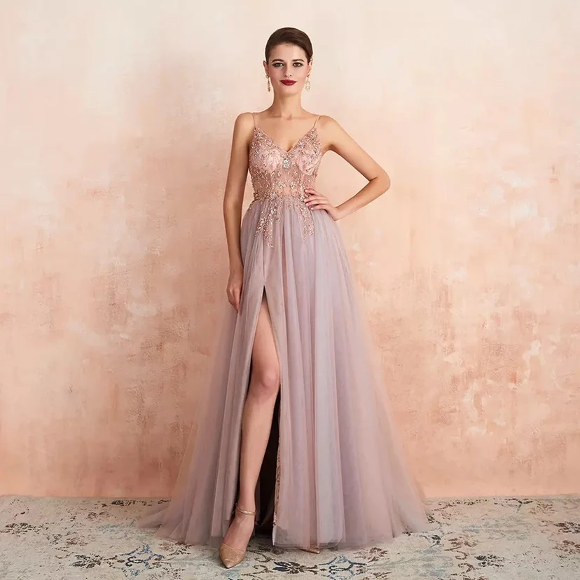 Sexy Spaghetti Straps Evening Dresses Beading Prom Gowns Long Sleeveless mid Waist Beaded Pure Color Evening Dresses