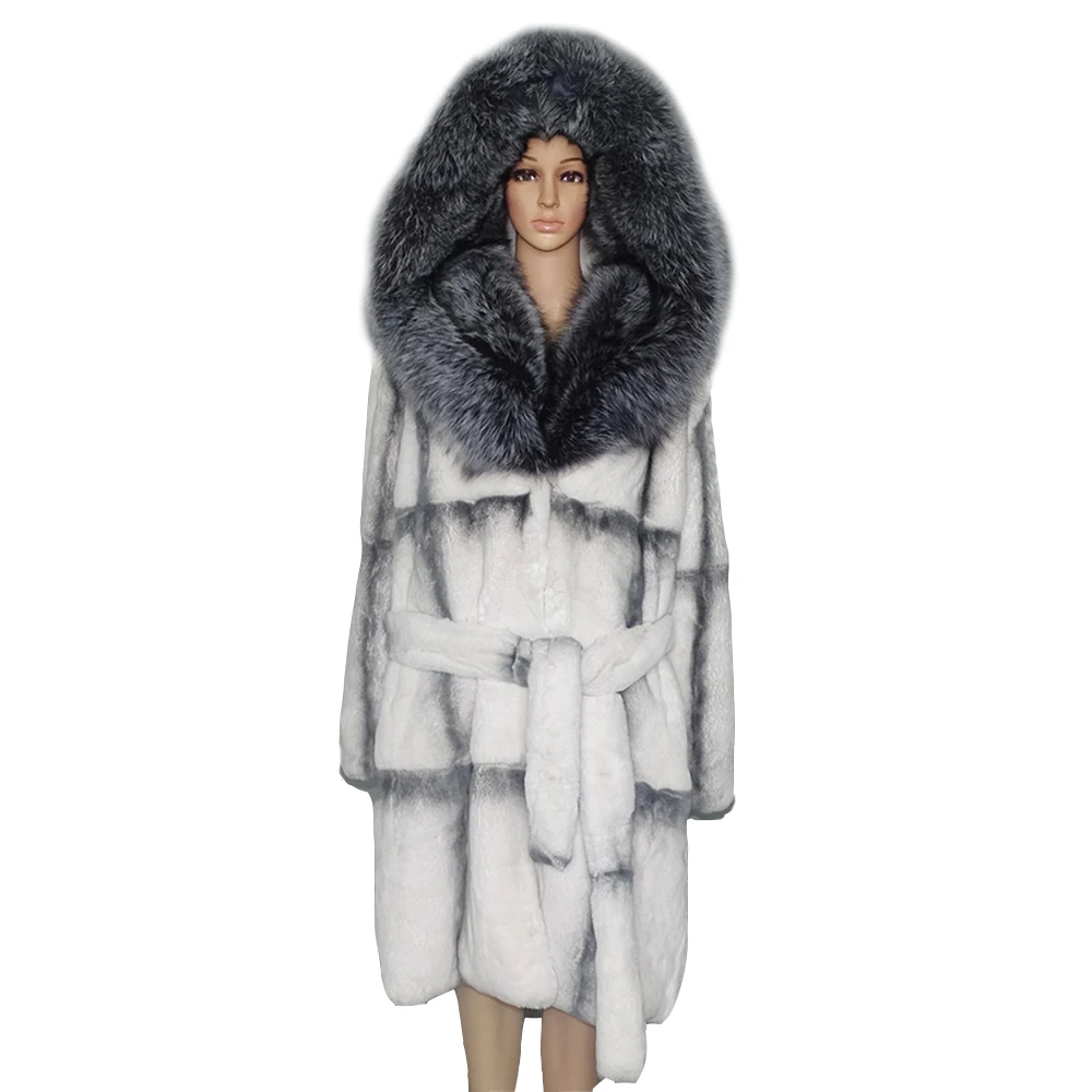 2023 Winter Women Real Fur Coat Chinchilla Rabbit Fur Jacket Large Silver Fox Fur Hooded Thick Warm Streetwear Luxury Outerwear