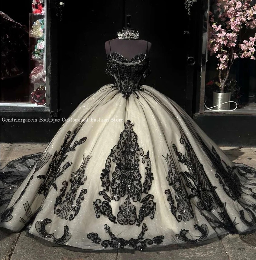 Schwarz weiß prinzessin ballkleider quince anera kleider exquisite spitzen besatz 15 prom kleid vestido de 15 años quinceañera