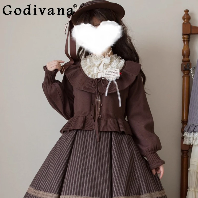 

Японский мягкий короткий вязаный кардиган в стиле Лолиты для девочек, осенний новый женский приталенный воротник с рюшами, винтажная вязаная куртка, свитера