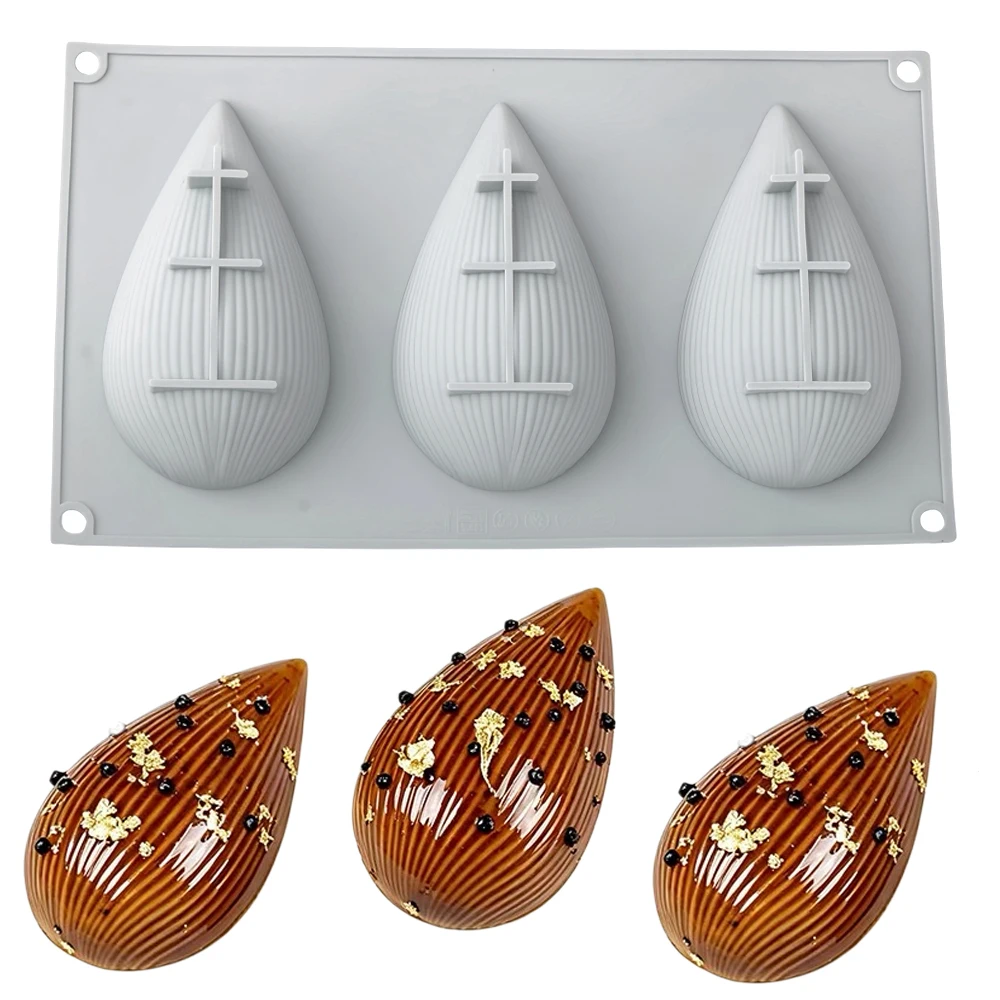 3-Cell Striped Shell Design French Mousse Cake Mold Creative Easter Egg Silicone Chocolate Mould Food Grade Dessert Tools - view 4