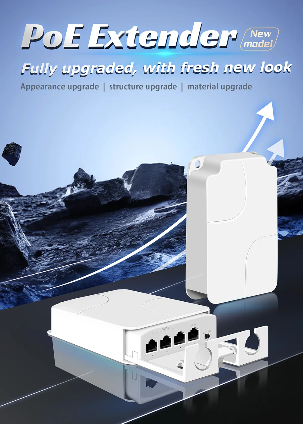 Waterproof POE Extender 4 Port Repeater 100Mbps Outdoor Network IP55 VLAN 44-57V for POE Camera Wierless AP
