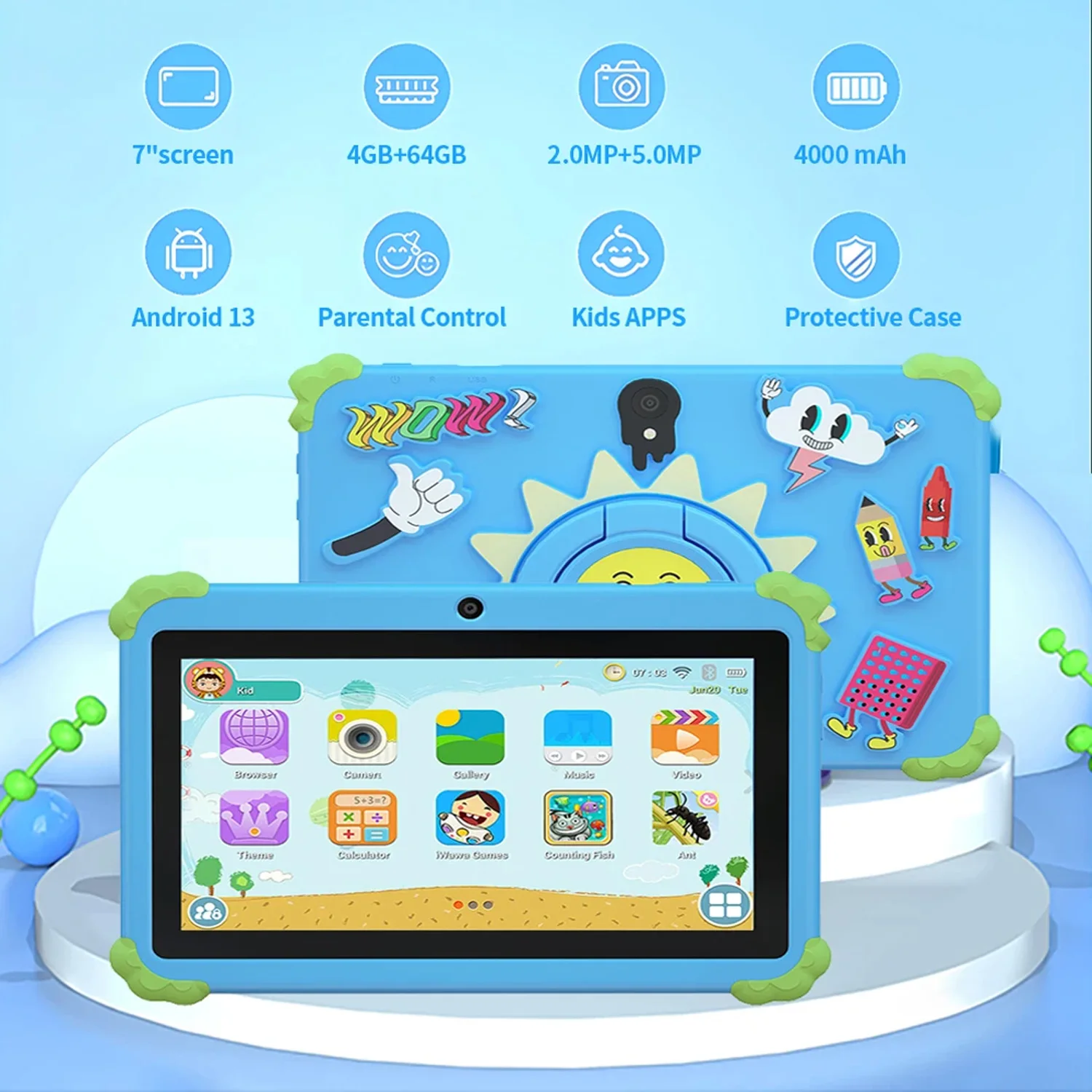 7.0-inch children's tablet Android 13,4GB+64GB, sunflower plastic back shell tablet, parental control 4000mAh battery