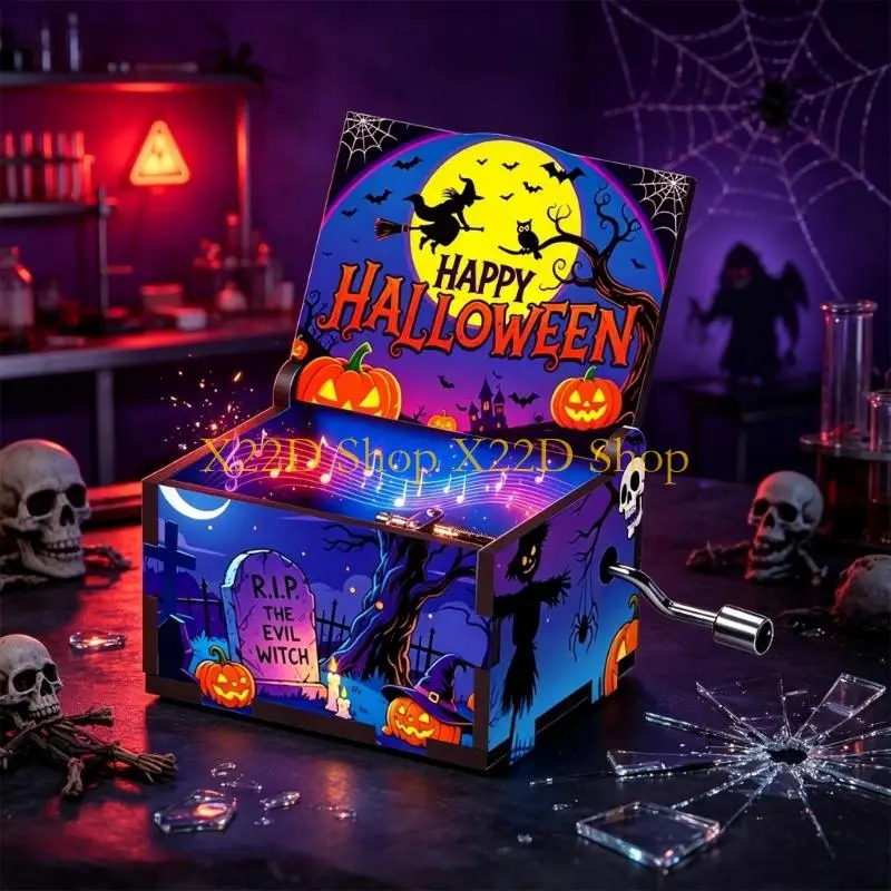 X22D Seasonal Halloween Music Box with Wooden Case and Hand Crank