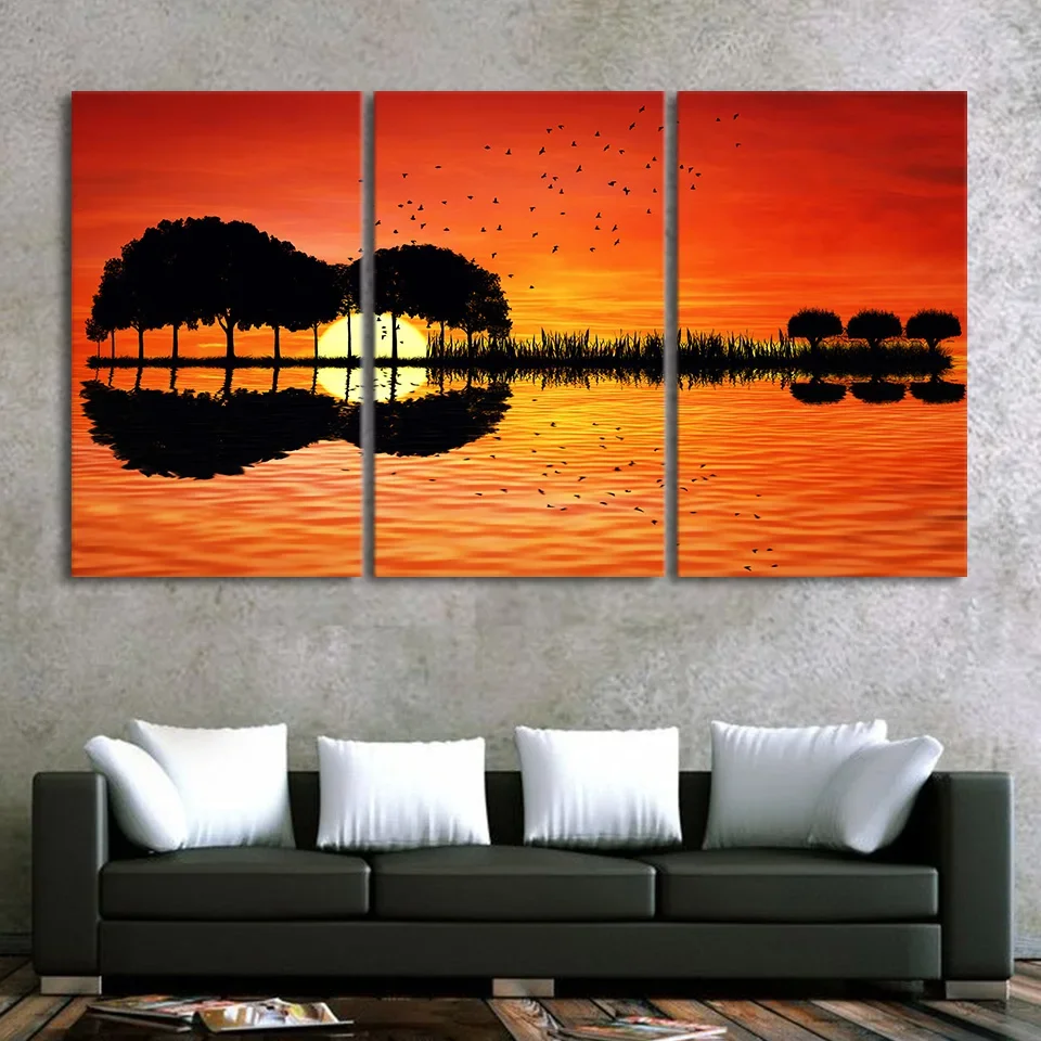3 Panel Guitar Tree Lake Sunset Posters Wall Art Pictures HD Canvas Home Decor Posters Paintings Living Room Bedroom Decoration