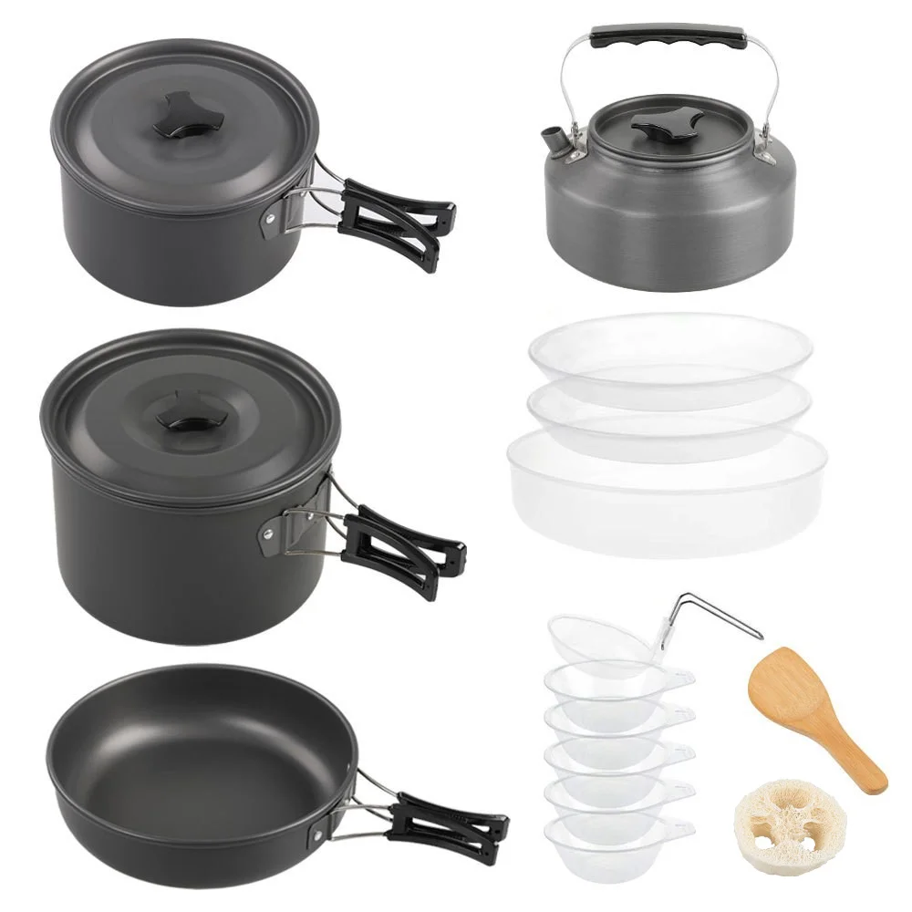 Outdoor large cooking set, 2-4 person nested pot set, camping teapot set, camping pot set, picnic set, camping cookware set