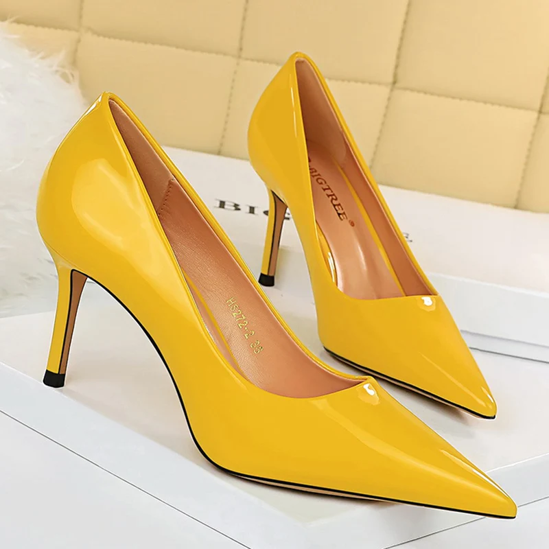 Women 8.5cm High Heels Scarpins Pumps Lady Blue Yellow Silver Glossy Leather Fetish Wedding Bridal Mid Low Heels Office Shoes