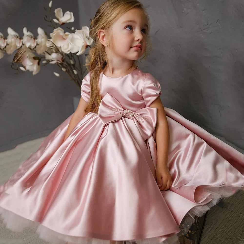 Abiti da festa di compleanno per bambina girocollo maniche corte perle Big Bow Puff Kids Pageant Gown abito a fiori in raso