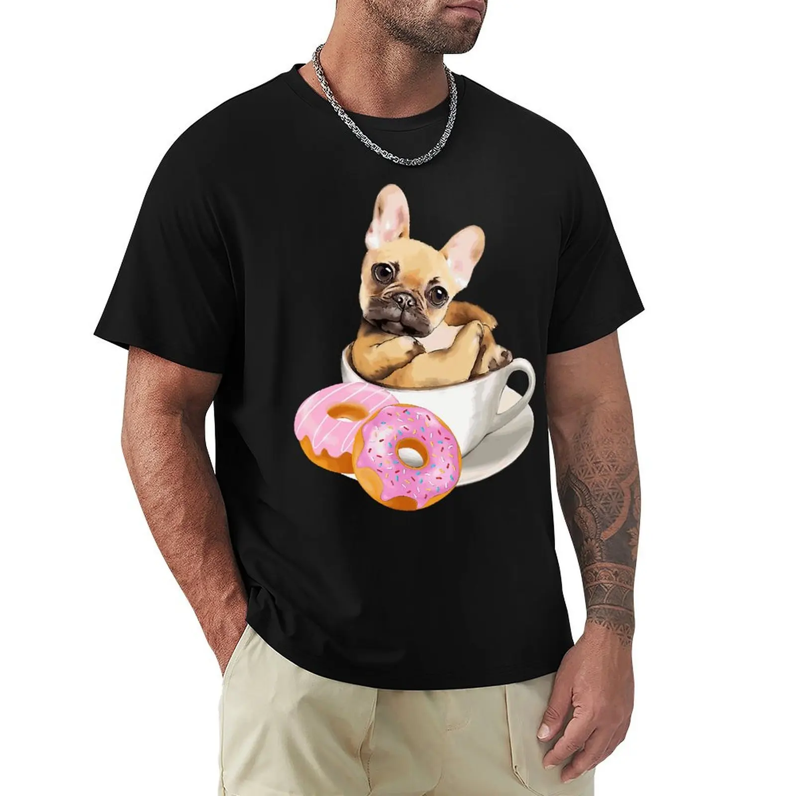 

French Bulldog Lovers, Sweet Frenchie on Coffee Cup And Donuts T Shirt Harajuku T-shirt 100% Cotton Graphics Tshirt Tops
