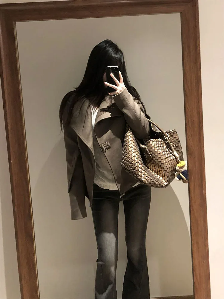 Retro American Suede Motorcycle Jaet Women's Spring Autumn New Design Large Collar Waist-Cinching Leather Jaet ort Coat