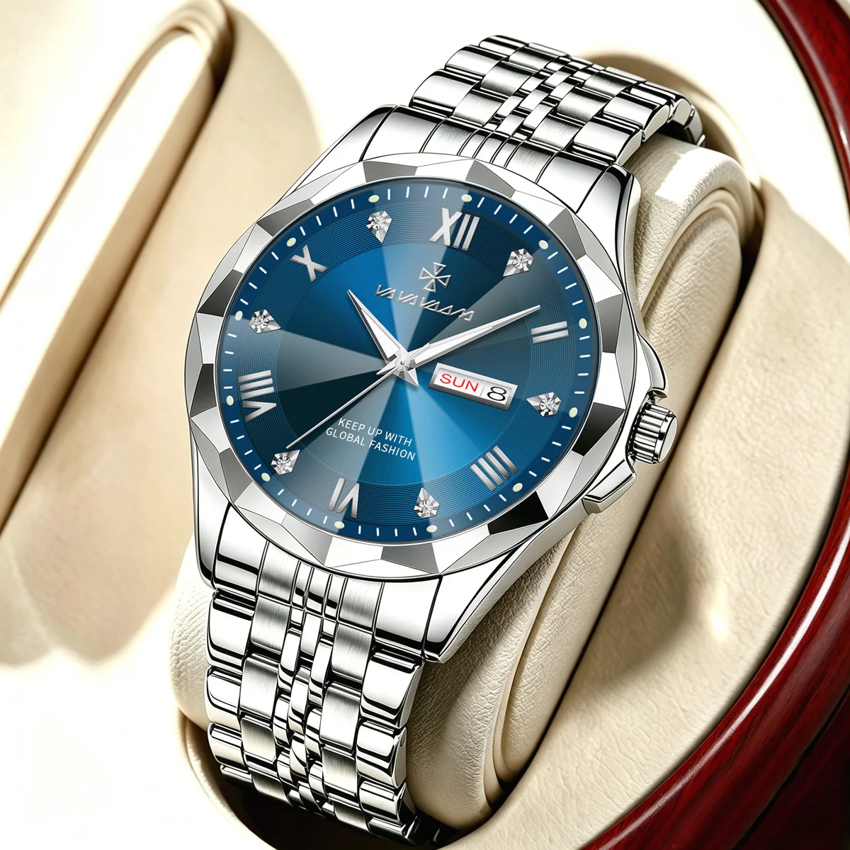 Montre pour homme, bracelet en acier inoxydable argenté, 42 mm, style classique, cadran avec échelle en diamant, calendrier hebdomadaire, montres à quartz originales pour homme