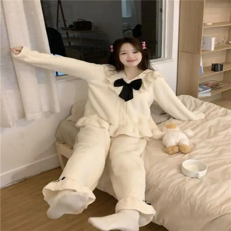 

Soft Hot Pajamas for Women In Autumn and Winter Thickened and Sweet New Student Cute Style Bow Home Clothes Set for Outer Wear