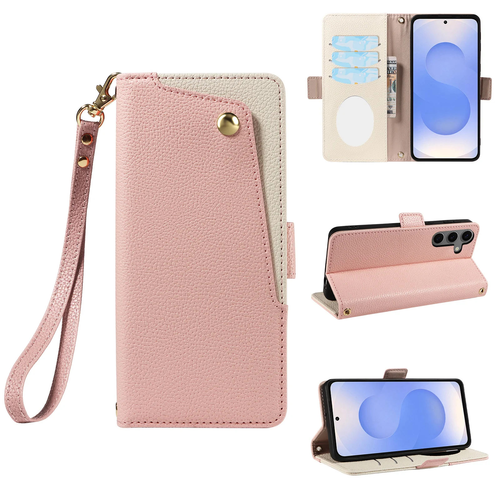 Makeup Mirror Strap Bag Cards Solt Wallet Leather Case For Samsung Galaxy S26 Ultra S25 S24 Plus Comfortable Shockproof Cover