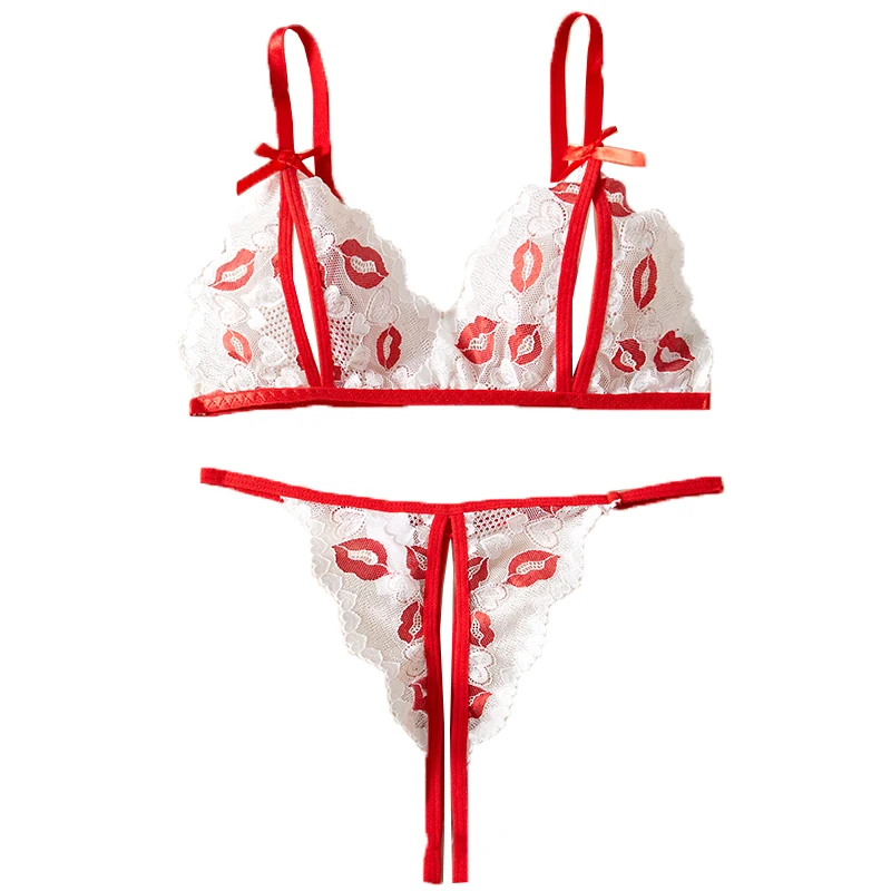

Новый комплект женского сексуального белья с цветными блоками, принтом губ и сердечек, кружевом, бантом, открытой лифом и стрингами, без швов на промежности.