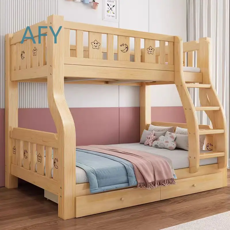 Solid Wood Bunk Beds for Kids Toddlers Teens | Two-Tier High Low Loft Bed Set with Ladder | Space Saving Double Bed for Small