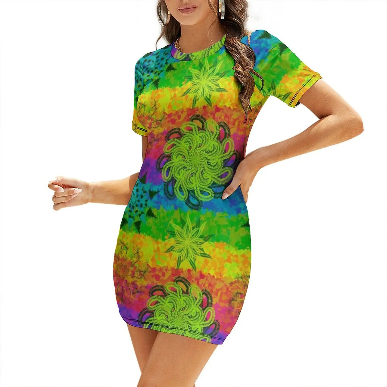 

Rainbow abstract mandala pattern Short-Sleeved Dress Women's dress Female clothing dresses for women Dress