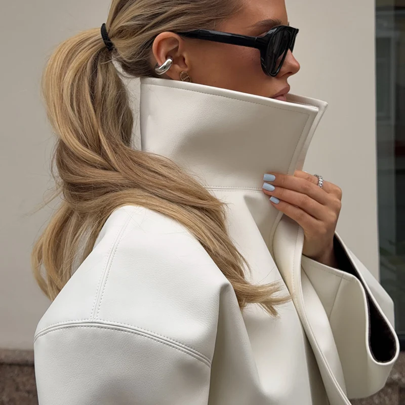 Rollkragen-Kurzjacke aus Kunstleder für Damen, Oversize-Streetwear mit Langen Ärmeln, Einfarbig, Locker Sitzende Mäntel, Schicke Damen-Oberbekleidung, Neue Kollektion – Detail 10