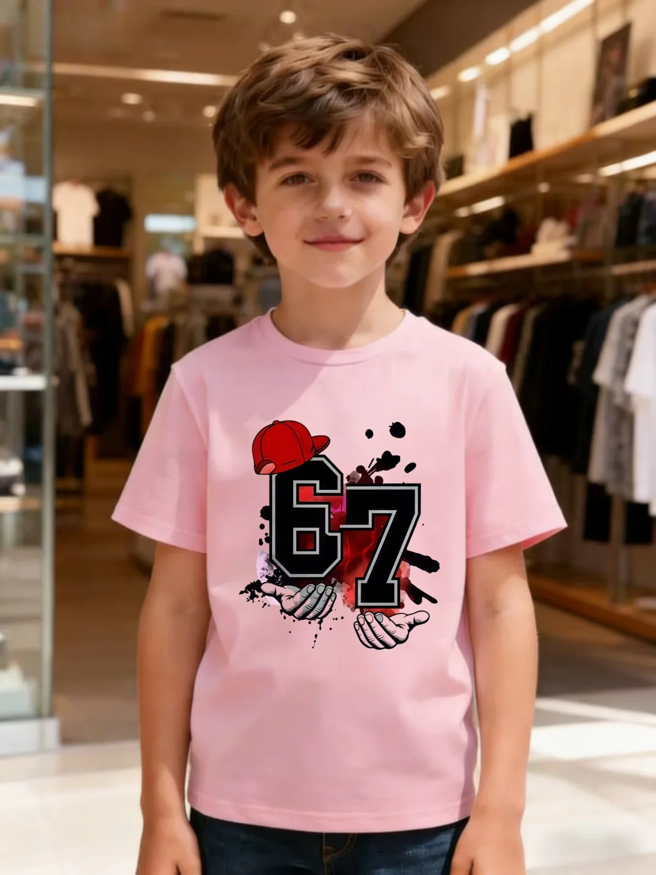 Boys Hip Hop Number 67 Red Cap Hand Graffiti Ink Splash Graphic Short Sleeve T Shirt Street Style Kids Summer Casual Tee